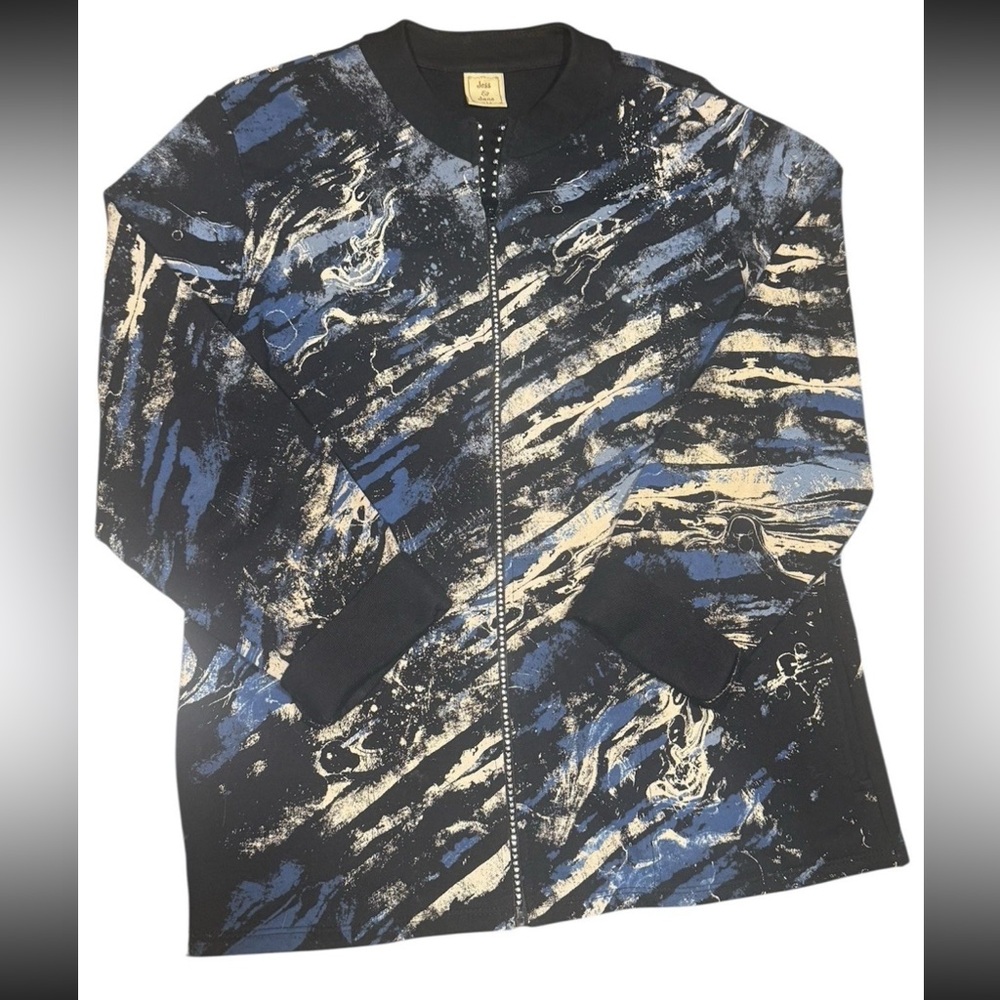 Jess & Jane Womens L Full Zip Up Jacket Blue Sweatshirt Rhinestones Y2K Abstract